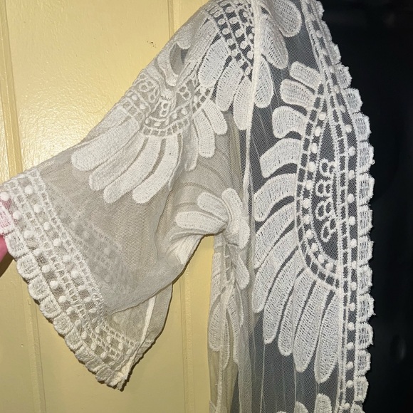 Rebellion Again White Yellow Sheer Lace Ombre Flowy Boho Kimono Duster Size L - Picture 6 of 11